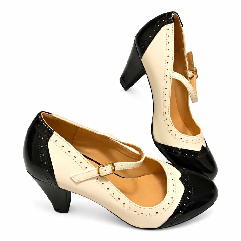 Women’s Size 6 Black White Mary Jane Spectator Pumps Brogue Retro Heels 1950s